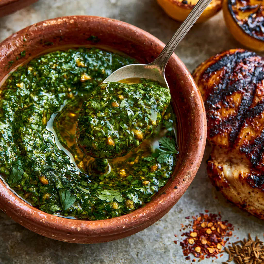 A silver spoon lifting a generous dripping portion of thick Chermoula sauce over charred chicken and cumin seeds.