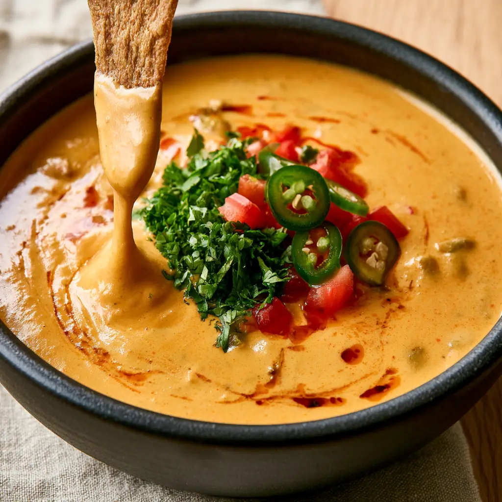 Top-down view of Whole30 Chili Con Queso garnished with fresh cilantro, Roma tomatoes, and jalapeños.
