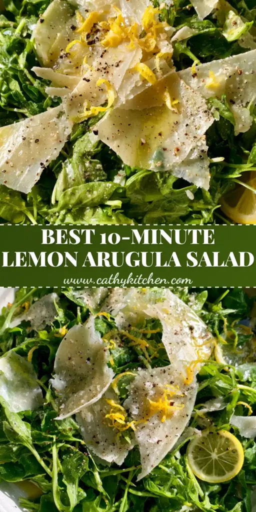 A top-down shot of a Lemon Parmesan Salad featuring bright green arugula, rustic parmesan shavings, and lemon zest in a matte white bowl.