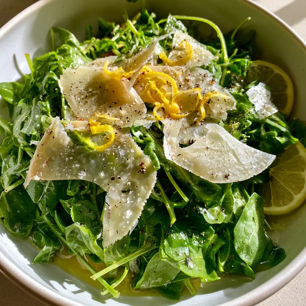 High-angle shot of Lemon Parmesan Salad with glistening arugula leaves and paper-thin cheese shavings.