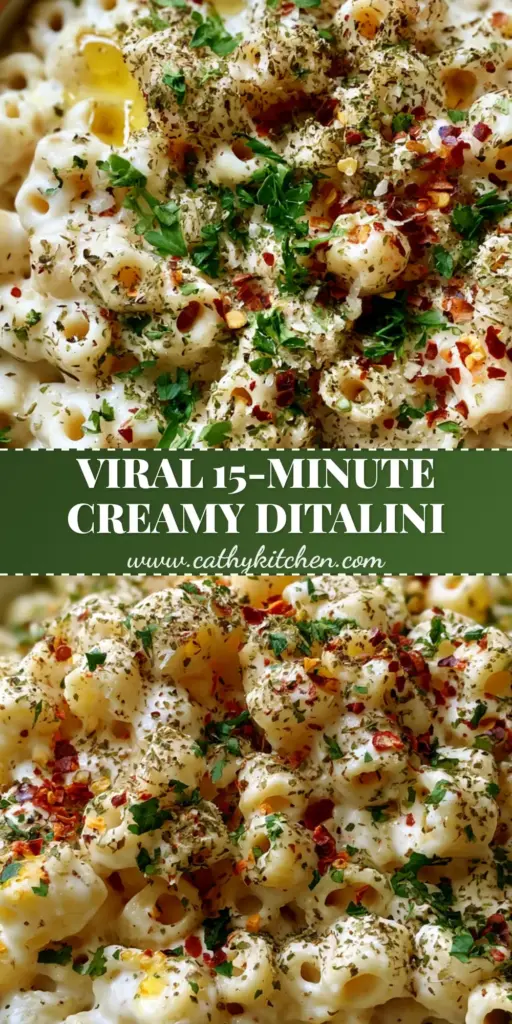 A close-up vertical shot of ditalini pasta overflowing in a ceramic bowl with thick cream sauce and red pepper flakes.