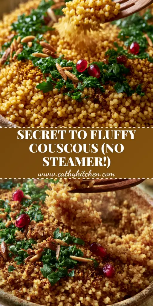 A close-up of fluffy Moroccan Couscous in a rustic ceramic bowl garnished with pomegranate and almonds. (Moroccan Couscous)