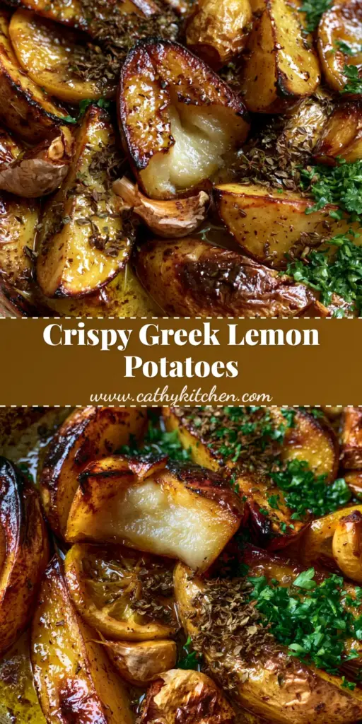 A tall Pinterest pin showing a close-up of lemon roasted Greek potatoes with charred edges, roasted lemons, and caramelized garlic in a rustic dish.
