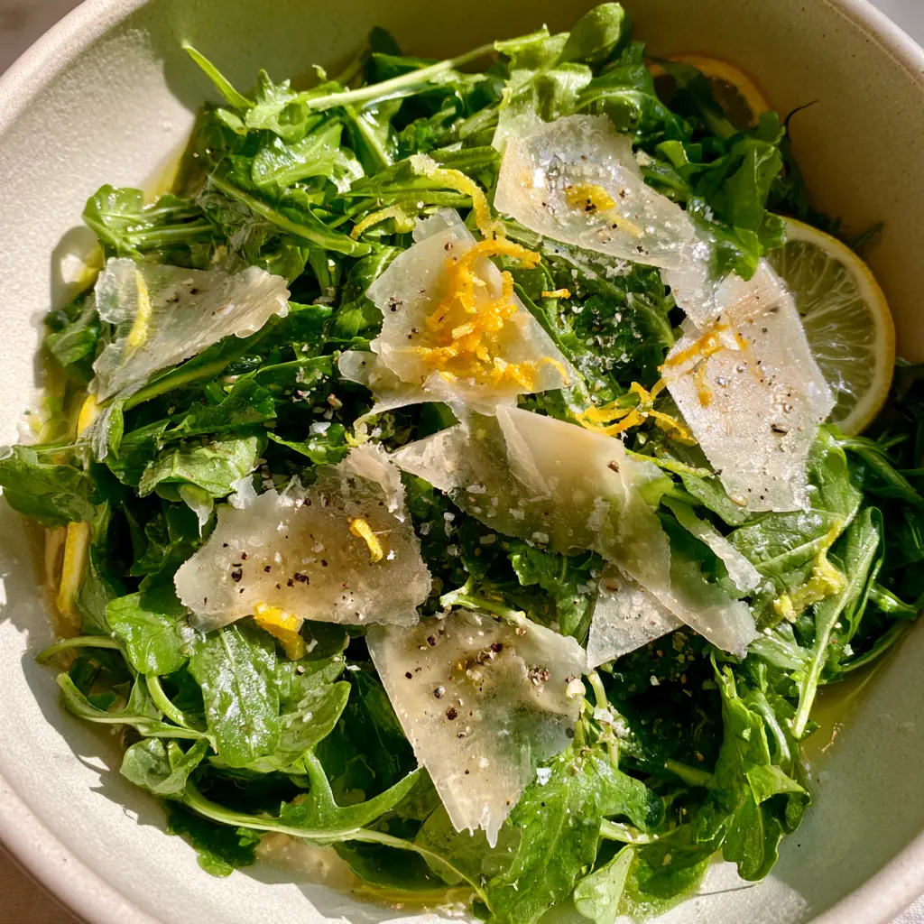 Visual details of Lemon Parmesan Salad showing lemon zest curls and cracked black pepper specks.