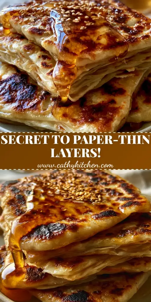 A stack of square Moroccan Msemen flatbreads showing paper-thin layers and honey drizzle. (Moroccan Msemen)