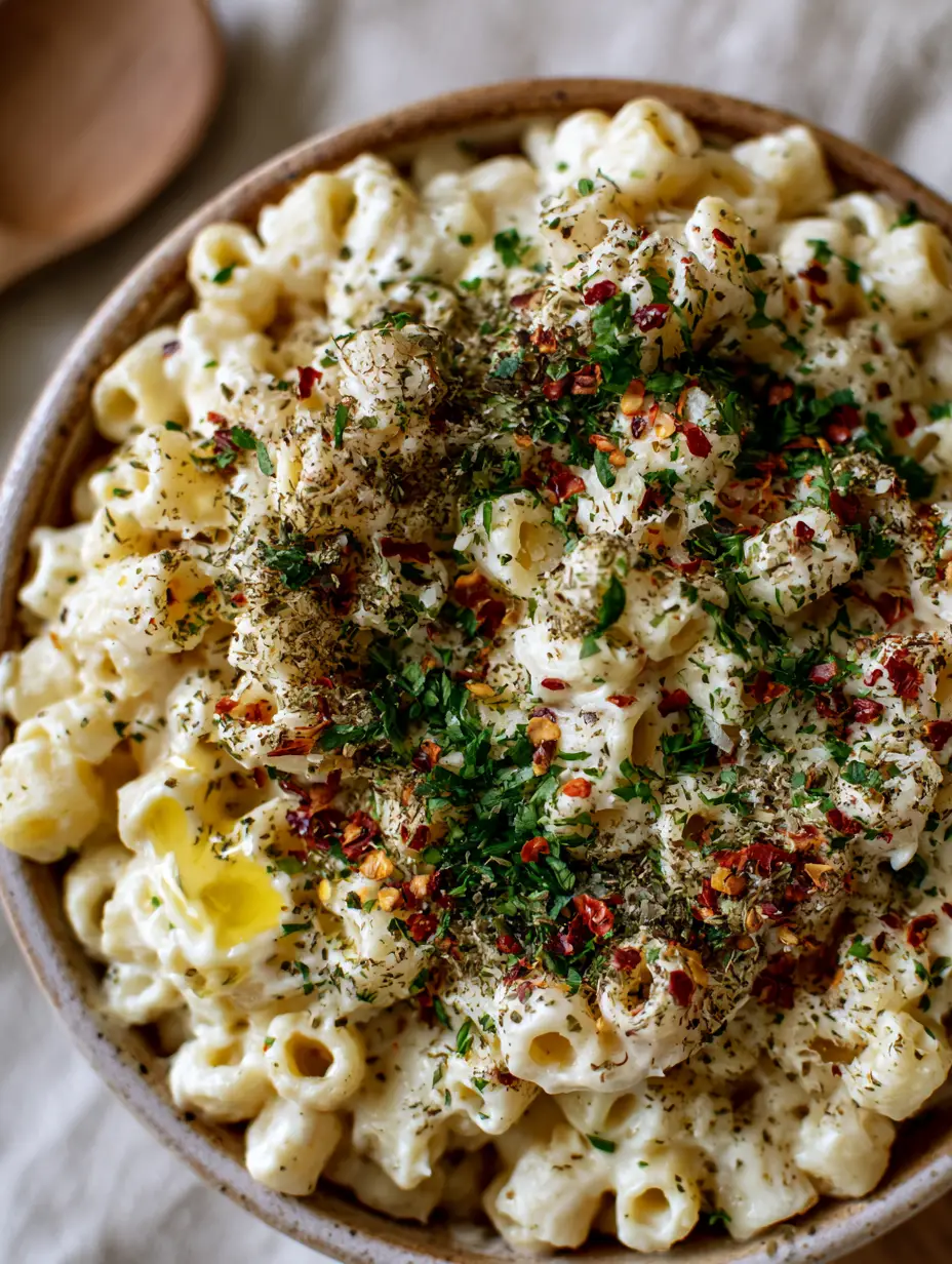 High-angle shot of ditalini pasta in ivory cream sauce with melted butter droplets and parsley.