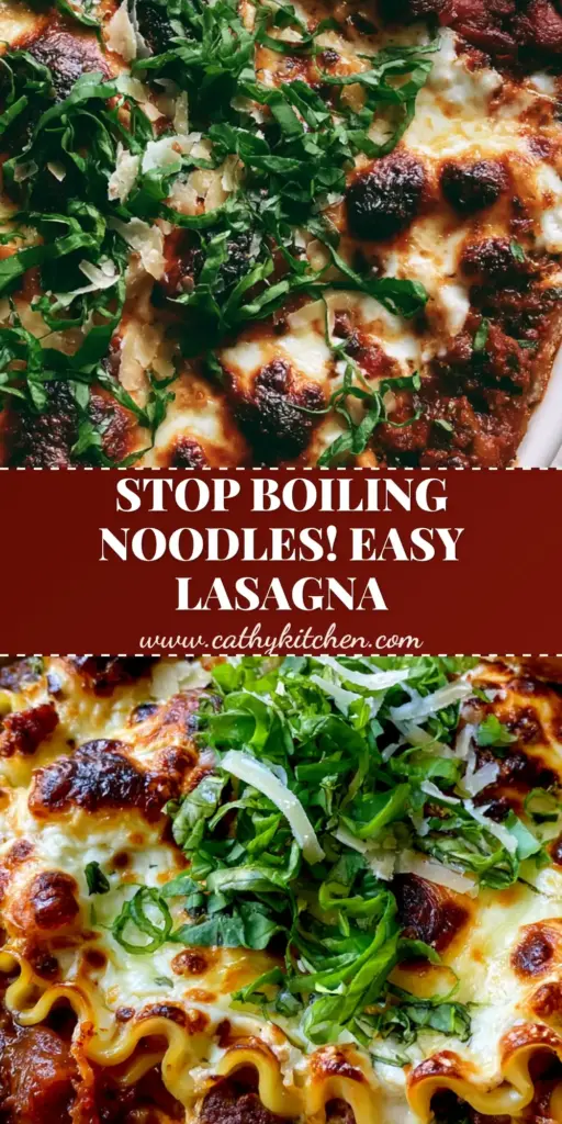 A close-up of crockpot lasagna in a white dish featuring wavy noodles, deep-red bolognese, and a golden-brown blistered cheese crust garnished with basil.
