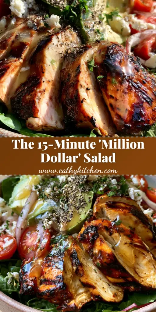 A vertical Pinterest-optimized shot of a vibrant Grilled Chicken Salad with honey-lemon vinaigrette, sliced avocado, and charred chicken breast.