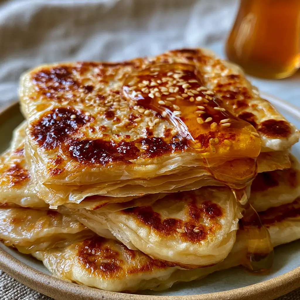 Extreme close-up of Moroccan Msemen layers with glistening wildflower honey. (Moroccan Msemen)