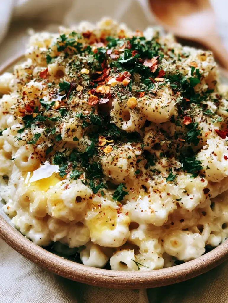 Close-up of melted parmesan cheese shavings on top of ditalini pasta tubes.