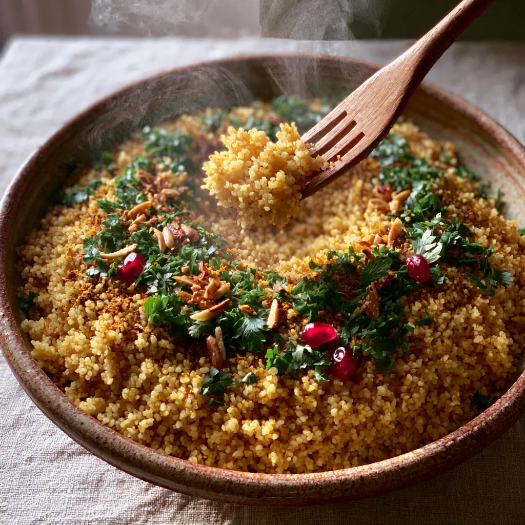 Hand lifting a light cloud of Moroccan Couscous grains with a wooden fork.