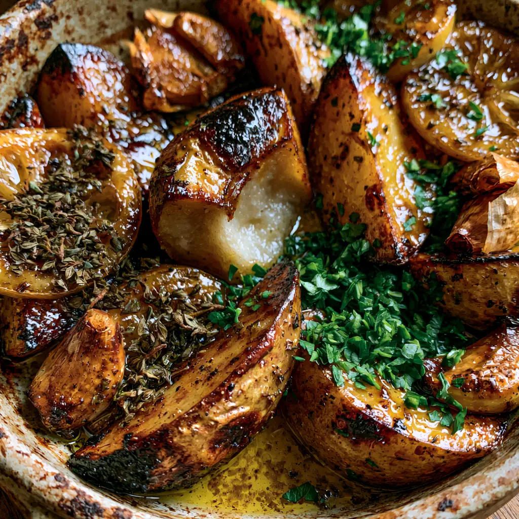 Close-up of a broken open lemon roasted Greek potato wedge showing a steaming, buttery soft interior against a rustic stoneware dish.