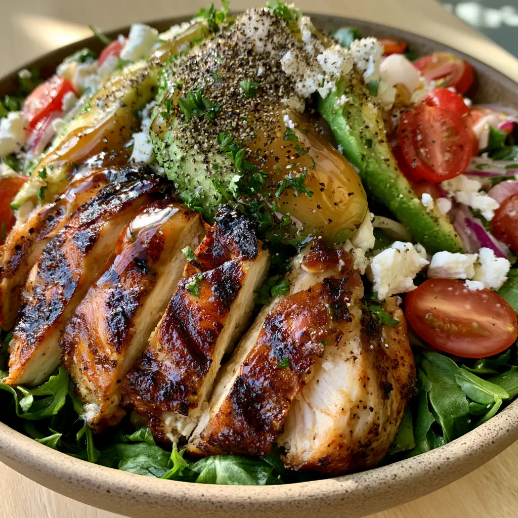 Close-up of succulent sliced grilled chicken breast with deep grill marks on a bed of spinach and arugula. (Grilled Chicken Salad)