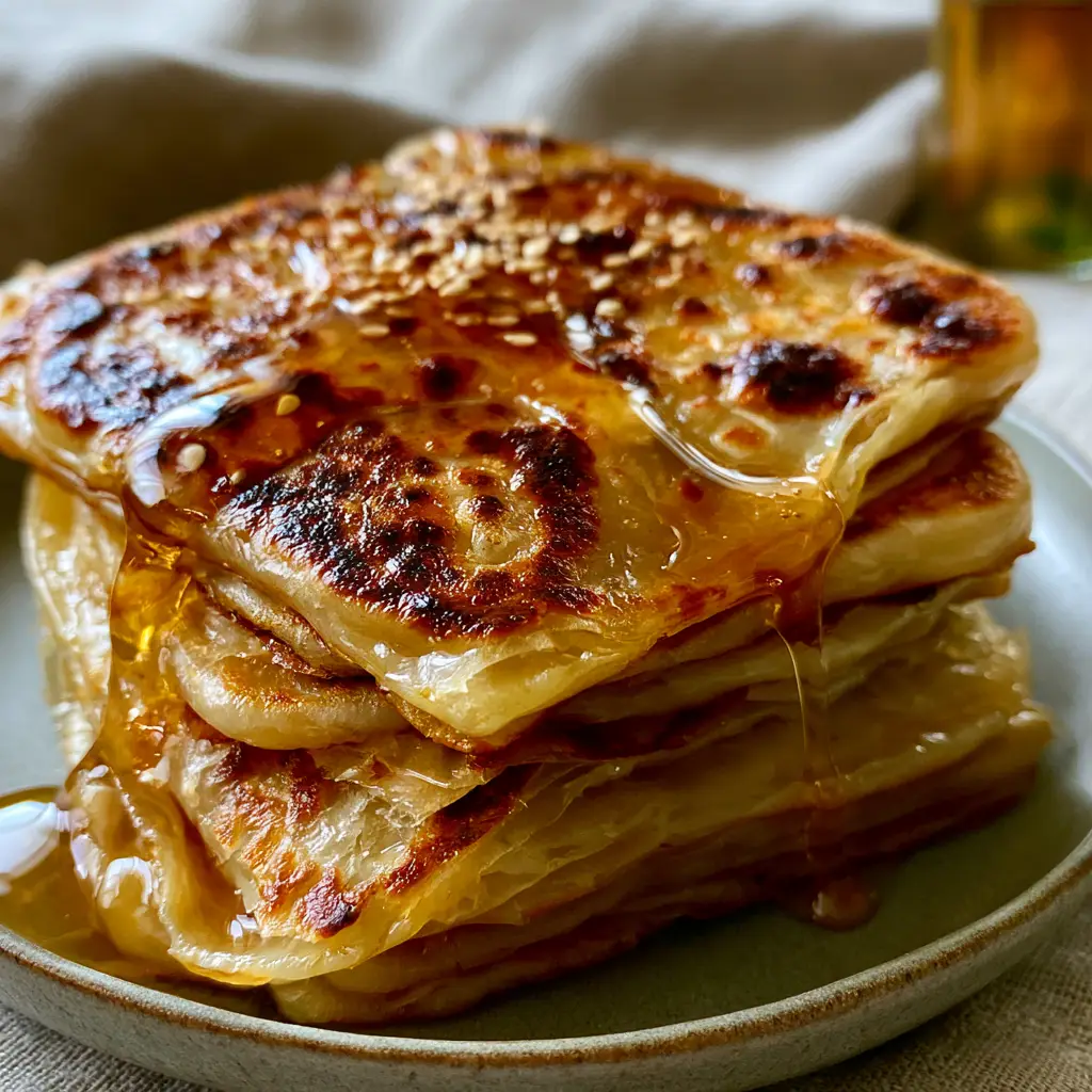 A handheld shot of a Moroccan Msemen stack showing blistered charred spots and toasted sesame seeds.