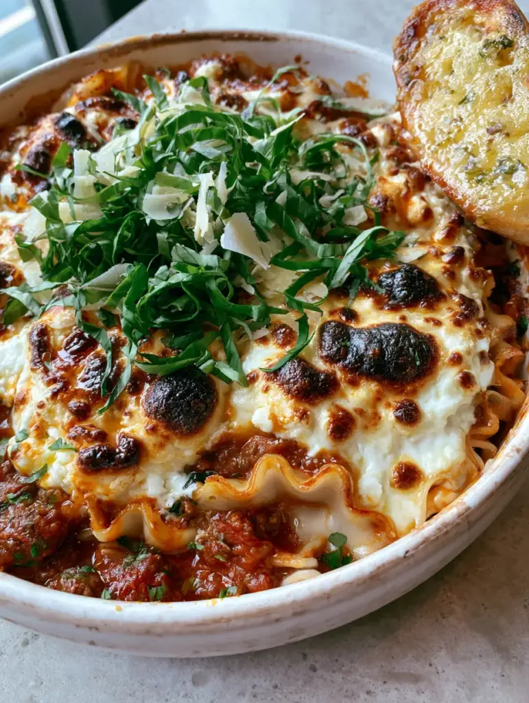 Rustic white ceramic dish filled with crockpot lasagna, featuring charred cheese bubbles and fresh basil ribbons.