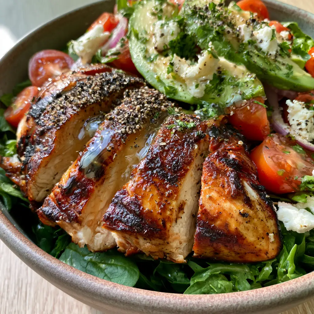 Top-down view of a vibrant Grilled Chicken Salad featuring halved cherry tomatoes, feta cheese, and red onions in a rustic bowl.