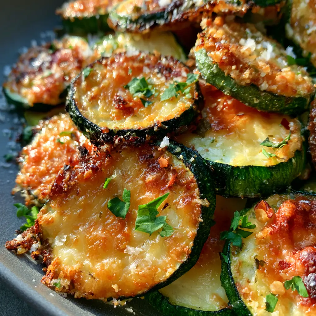 Close-up of golden zucchini rounds with visible dried oregano and tiny toasted garlic bits.