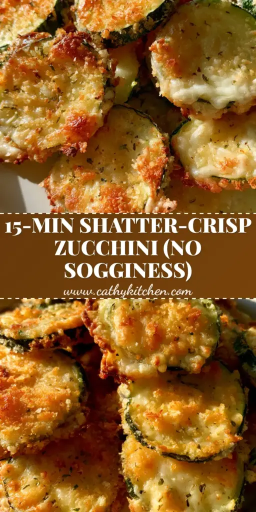 A vertical Pinterest-style shot showing a pile of golden-brown baked zucchini with Parmesan cheese rounds featuring a crispy panko crust and Italian herbs.