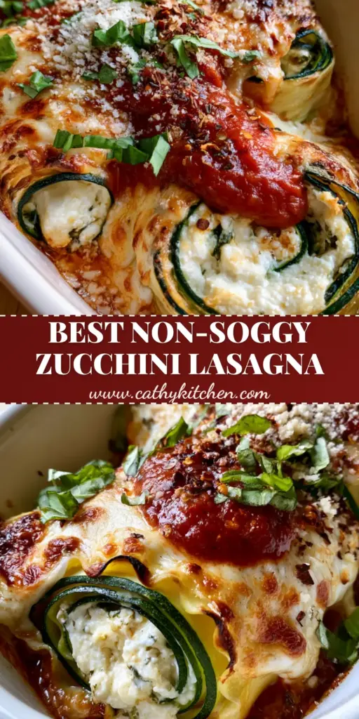 A close-up 45-degree shot of zucchini lasagna roll ups in a white dish, featuring bubbly toasted mozzarella, chunky red sauce, and fresh basil garnish.