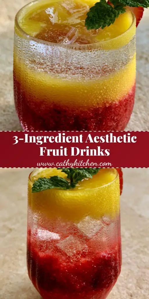 homemade drink recipes: The Ultimate Layered Strawberry Mango Sparkler 3 A close-up handheld photo of a layered strawberry and mango drink in a ribbed glass with clear square ice. (homemade drink recipes)