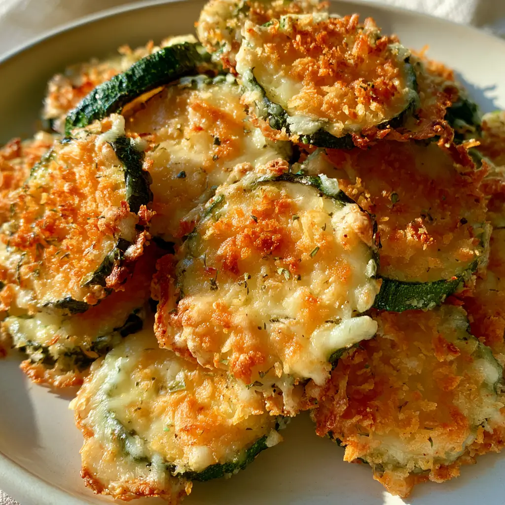 A heap of roasted baked zucchini with Parmesan cheese rounds featuring visible green herbs and a golden-brown crust.