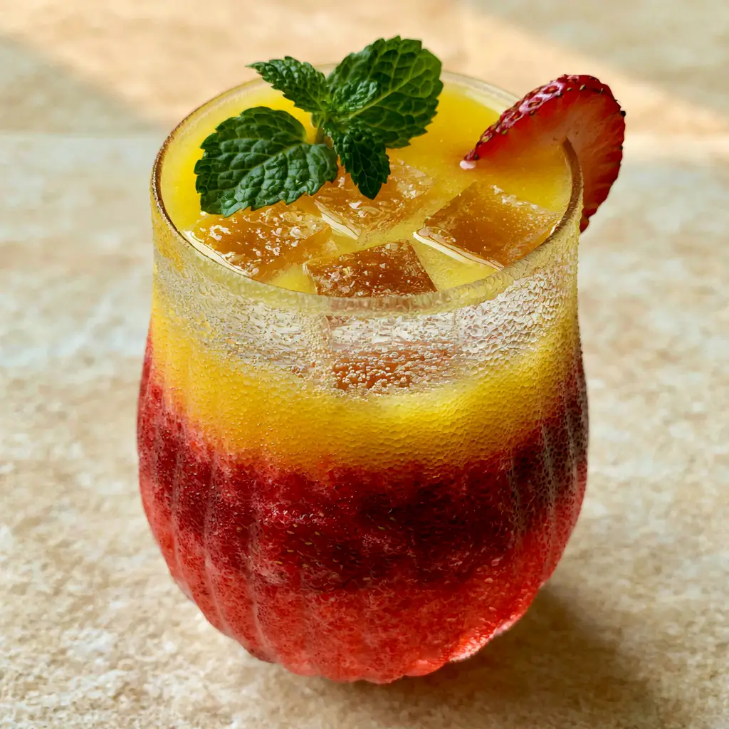 homemade drink recipes: The Ultimate Layered Strawberry Mango Sparkler 2 Vibrant red strawberry puree and yellow mango layers in a glass with condensation. (homemade drink recipes)