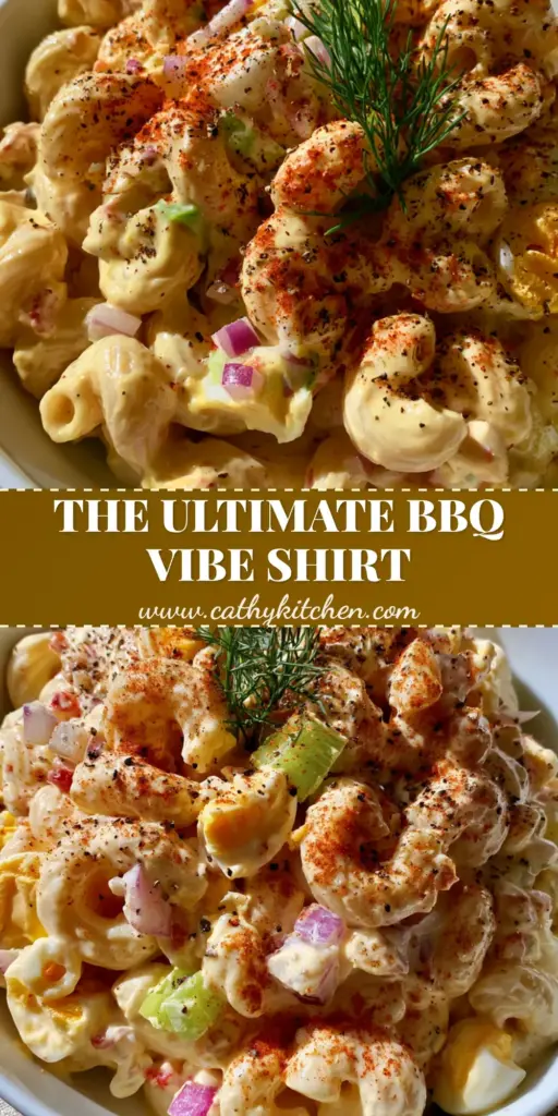 A top-down view of a creamy macaroni salad shirt style in a white bowl with smoked paprika and dill.