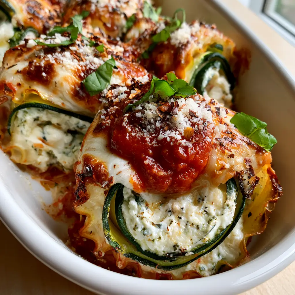 A tray of zucchini lasagna roll ups topped with chunky marinara and toasted mozzarella cheese with brown spots.