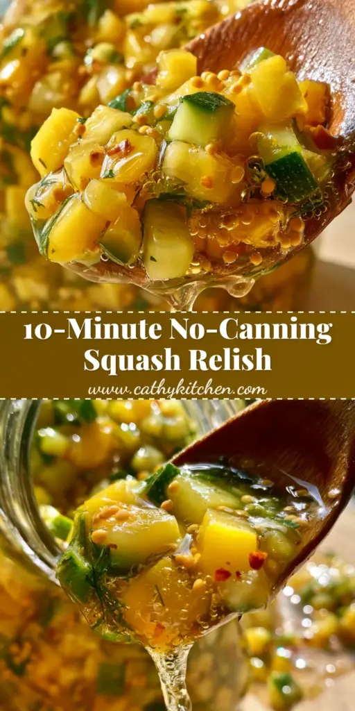 A rustic wooden spoon lifting a dripping scoop of fermented summer squash relish from a vintage glass jar, showing yellow squash, zucchini, and mustard seeds.