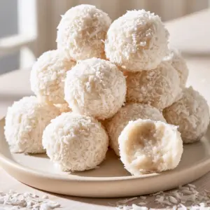 Extreme close-up of a stack of no-bake coconut balls with a fuzzy shredded texture.