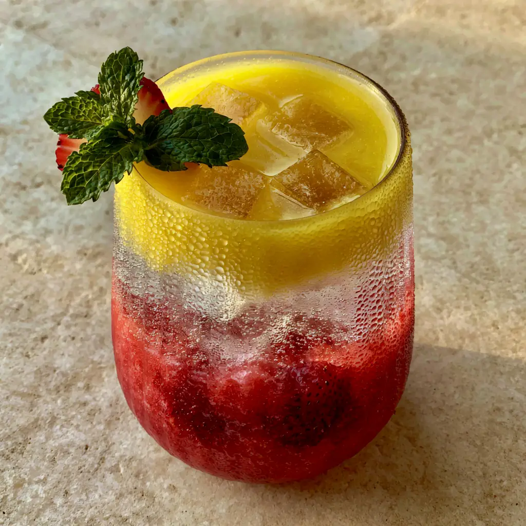 homemade drink recipes: The Ultimate Layered Strawberry Mango Sparkler 1 Modern ribbed glass filled with square ice and fruit layers on a beige stone background.