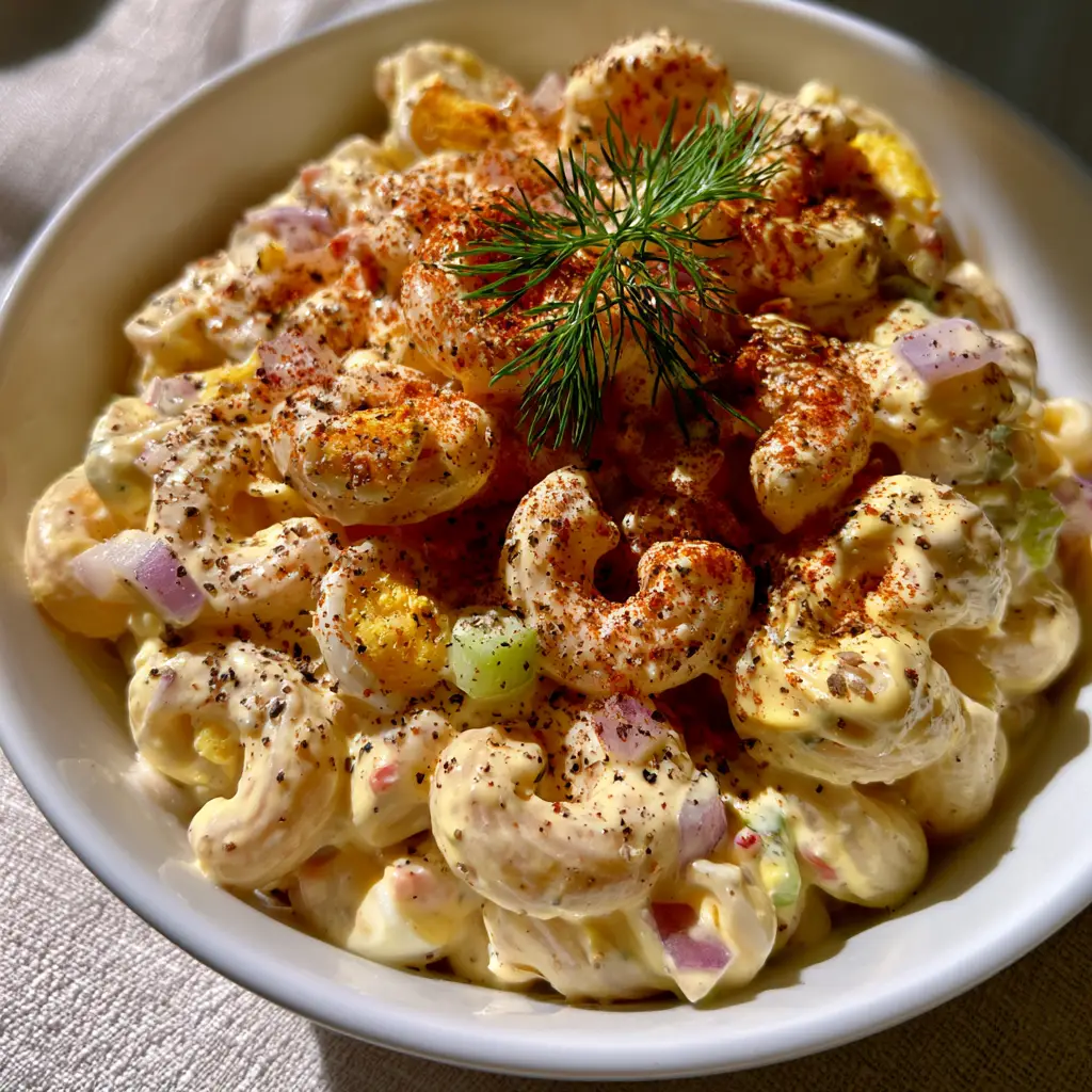 Detailed shot of elbow macaroni coated in thick yellow mustard and mayo dressing. (Macaroni salad shirt)