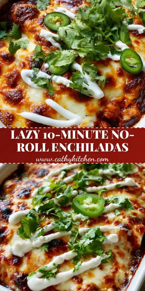 A close-up of shredded chicken enchiladas in a white dish with bubbling cheese, crema drizzle, and sliced jalapeños.