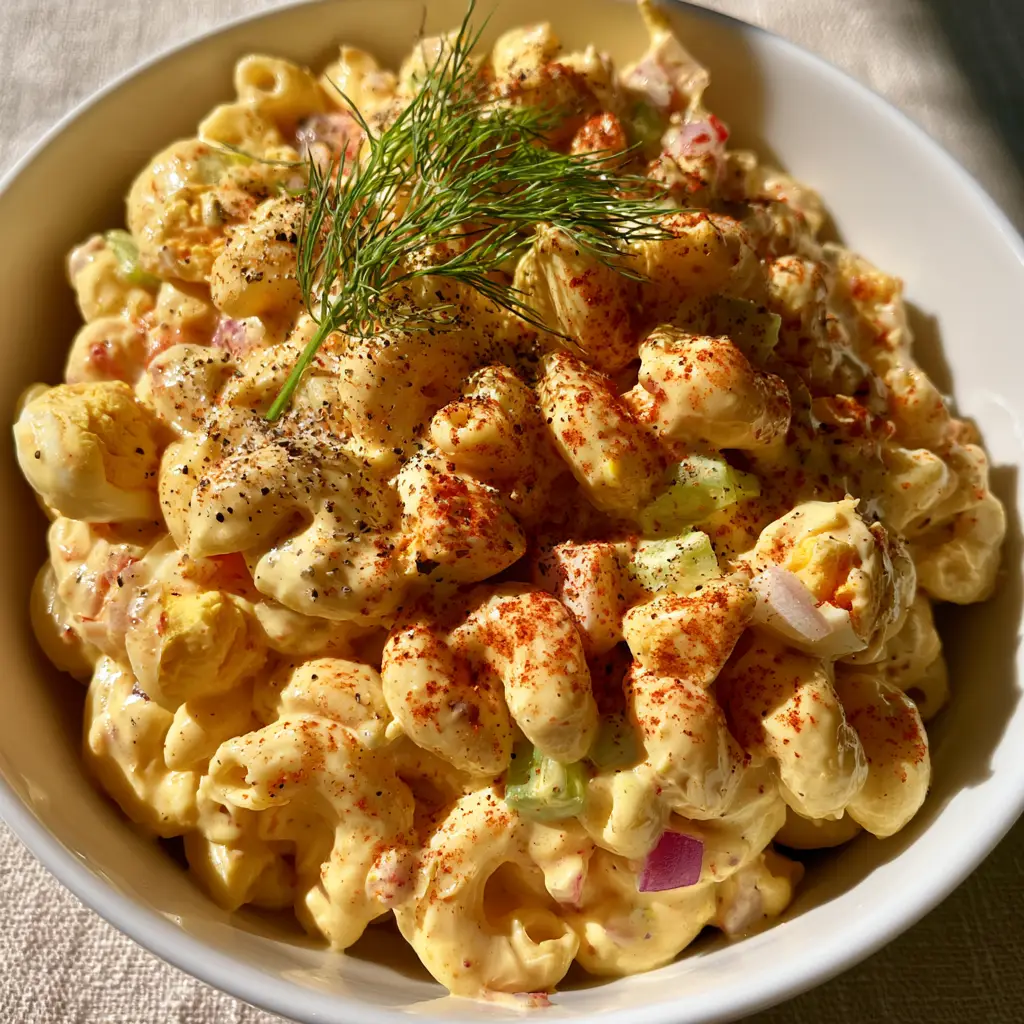 Macaroni salad garnished with smoked paprika and fresh dill on a linen tablecloth.