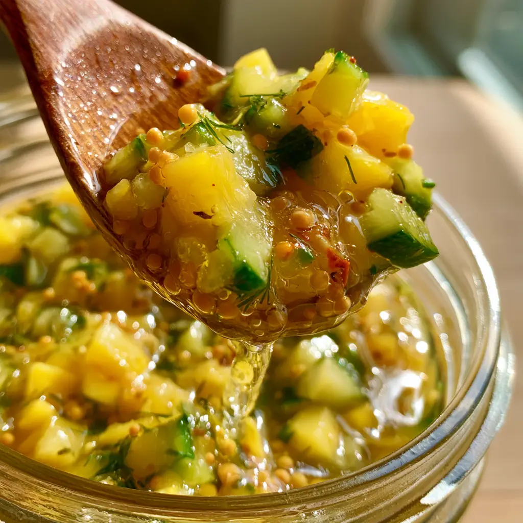 Close-up of finely diced yellow squash and green zucchini relish with mustard seeds and red pepper flakes.