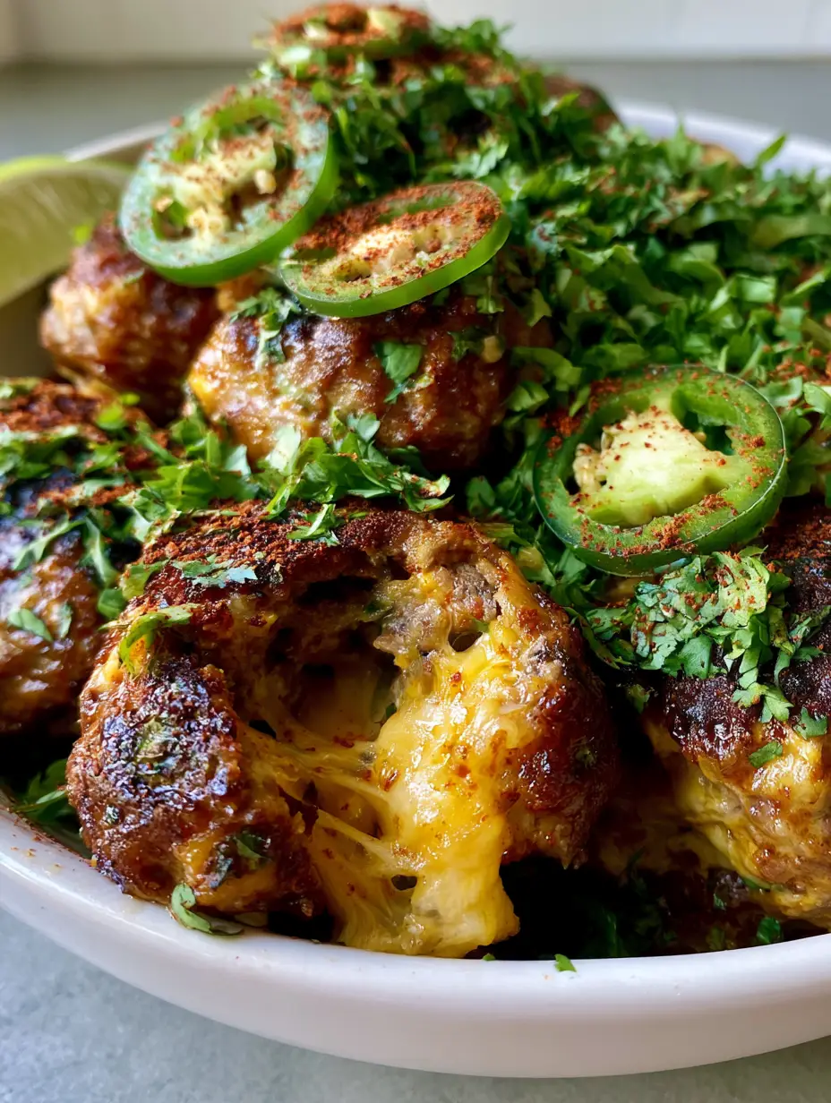 Overhead view of glistening seared beef meatballs in a bowl topped with cilantro and jalapenos. (spicy mexican donkey balls)
