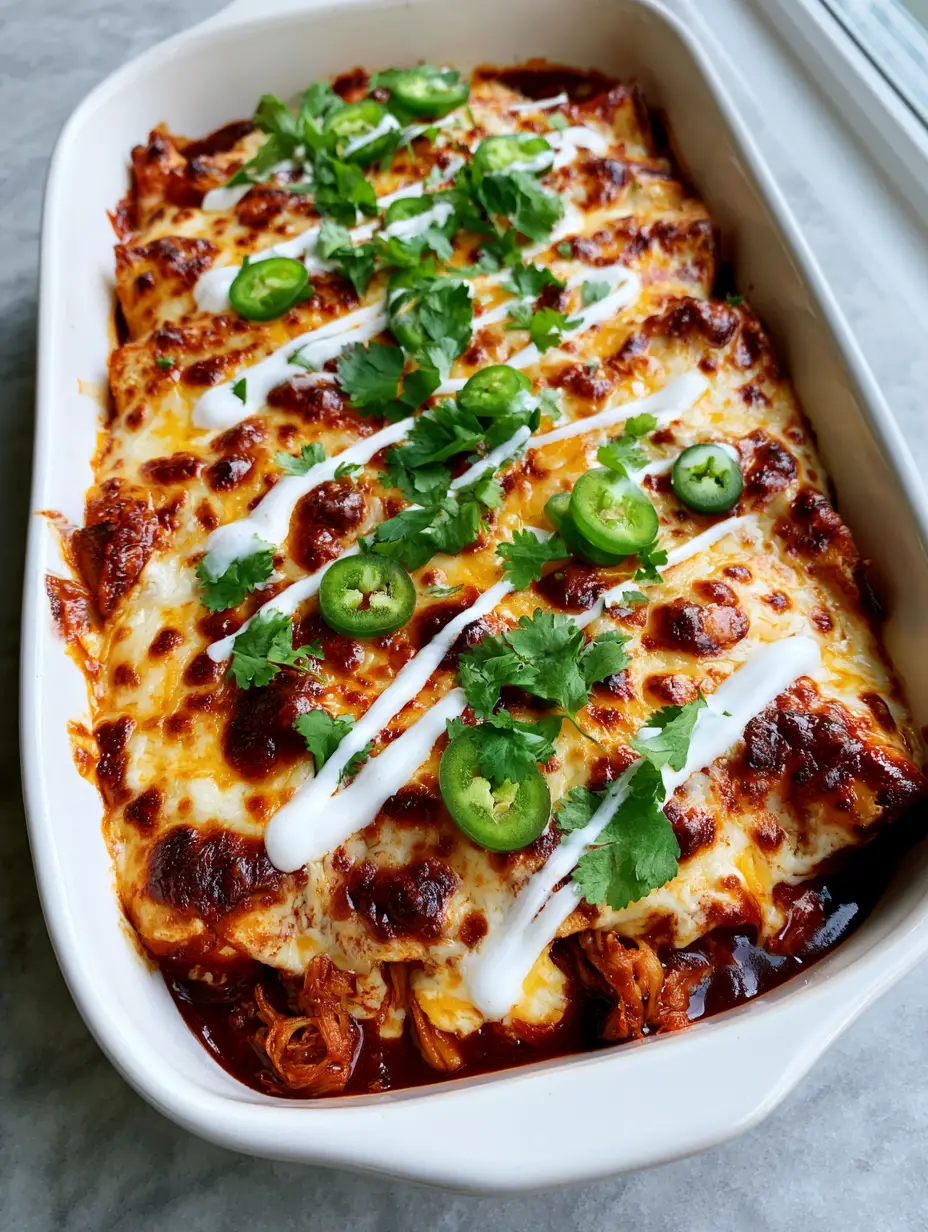Top-down macro shot of shredded chicken enchiladas featuring molten Monterey Jack and crimson red sauce.