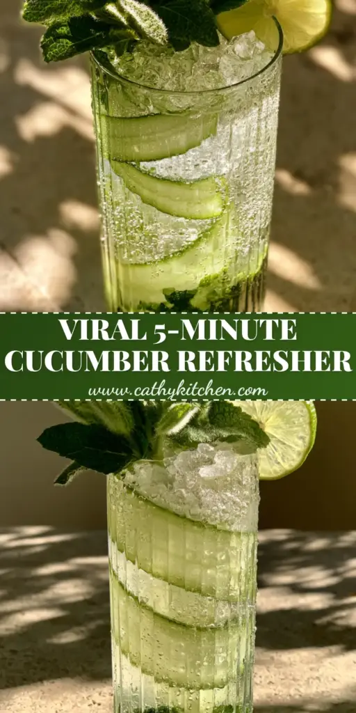 A refreshing cucumber mocktail in a tall ribbed glass with spirals of thin cucumber ribbons and fresh mint. (cucumber mocktail)
