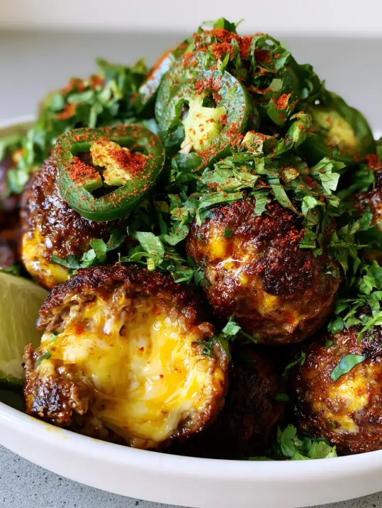 Close-up of a meatball with a thick molten cheese core and paper-thin jalapeno slices.