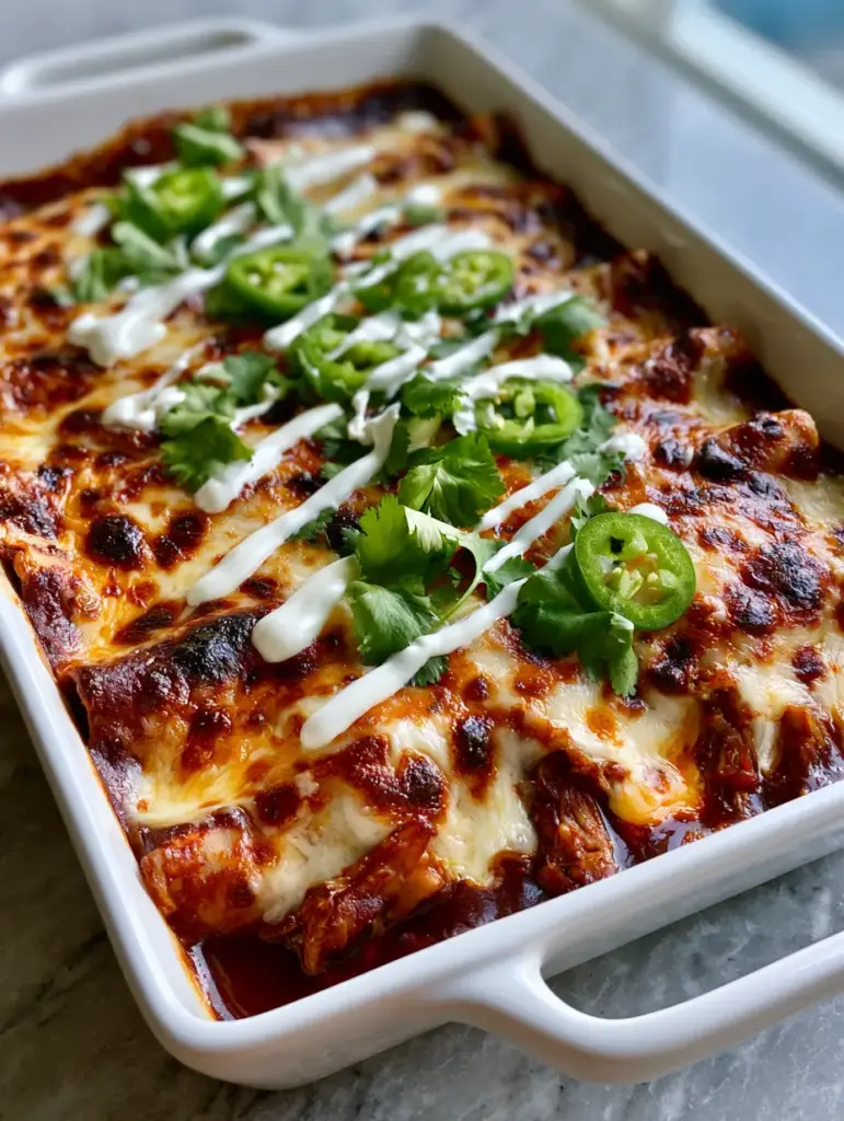 Close up of layered corn tortillas and shredded chicken in a white baking dish covered in red sauce.