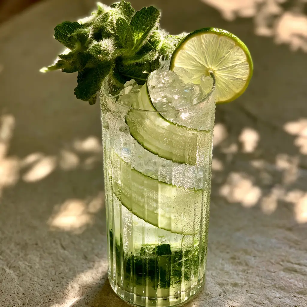 Close up of condensation droplets on a glass of cucumber mocktail with lime wheels.