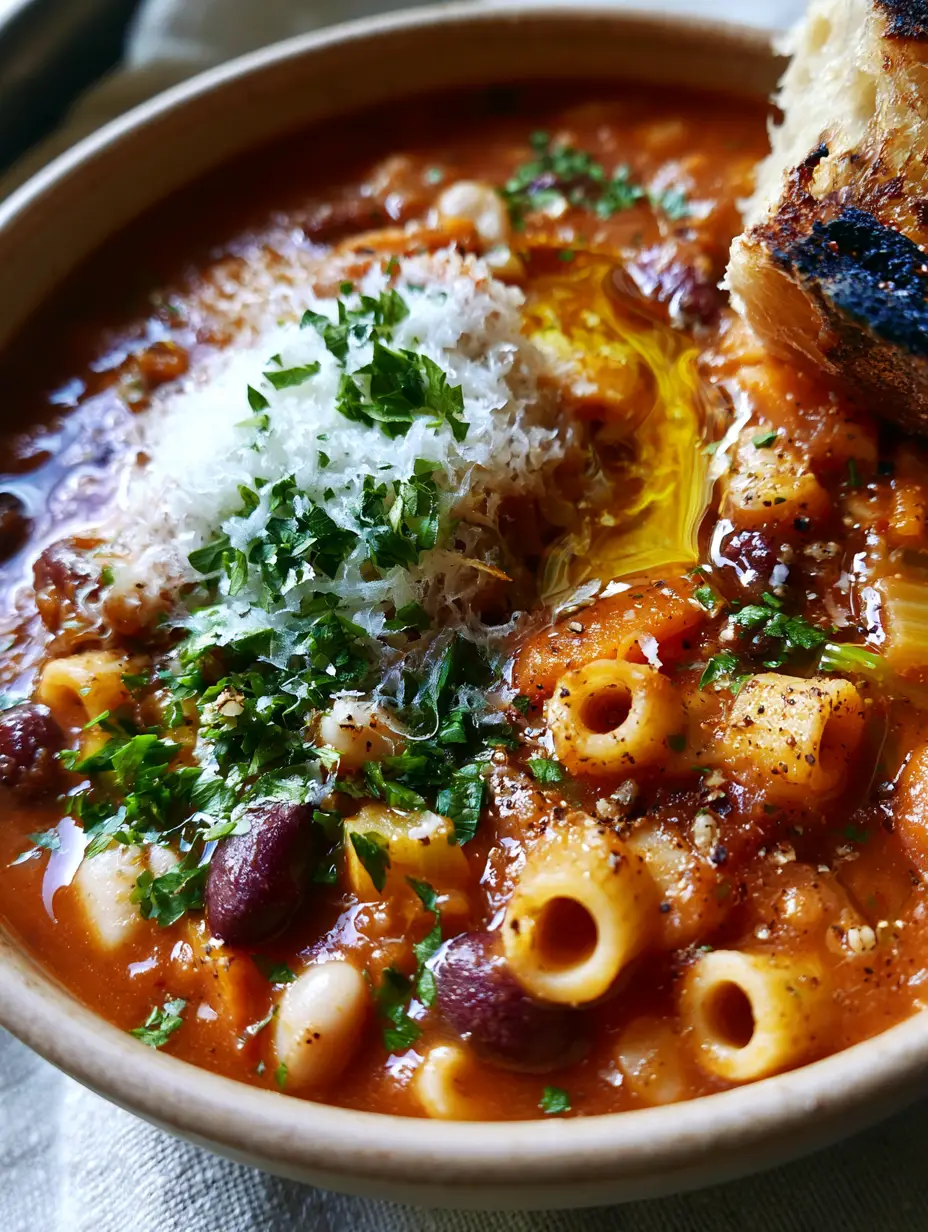 Top-down view of Pasta Fagioli recipe showing mahogany broth and ditalini pasta tubes.