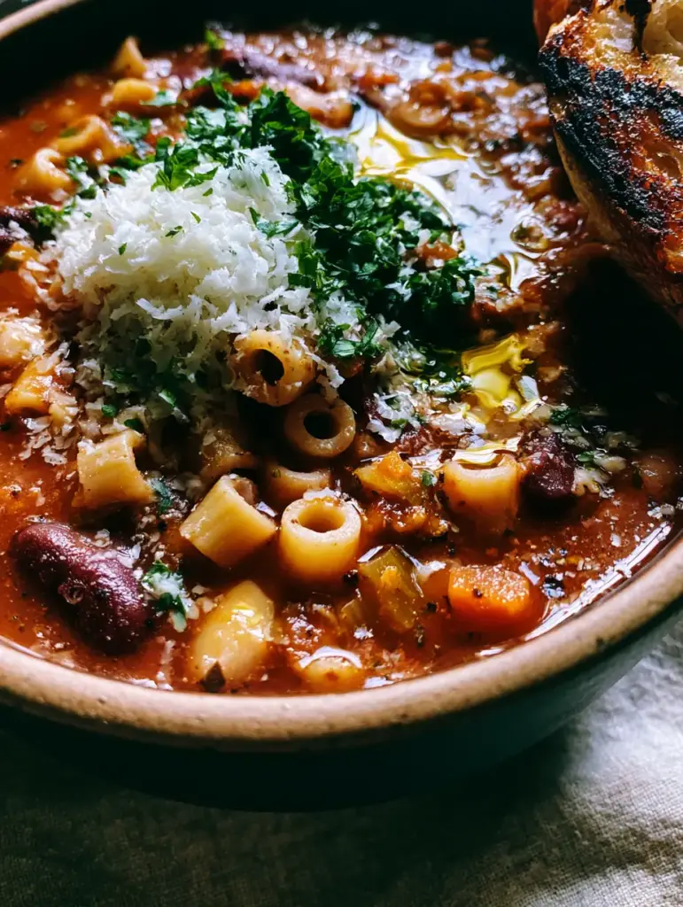 Close up of creamy beans and al dente pasta in a thick tomato soup.