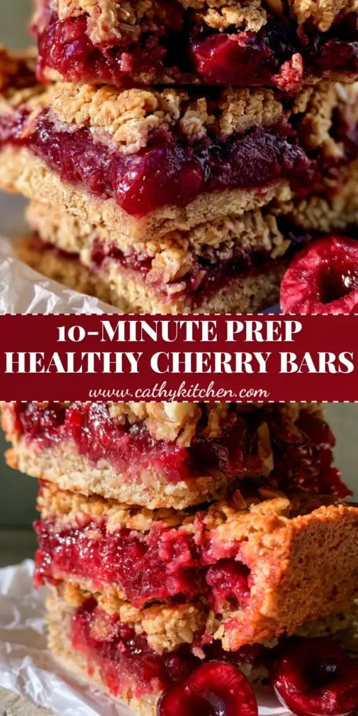 Cherry Breakfast Bars with Toasted Oats and Dark Sweet Cherries 3 A tall stack of Cherry Breakfast Bars showing a thick jammy dark red cherry center and golden toasted oat topping on parchment paper.