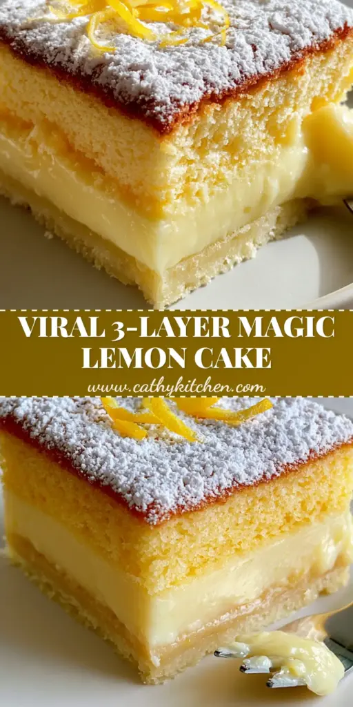 A side-profile macro shot of a Lemon Custard Cake slice showing three distinct layers: sponge, custard, and crust, dusted with powdered sugar.