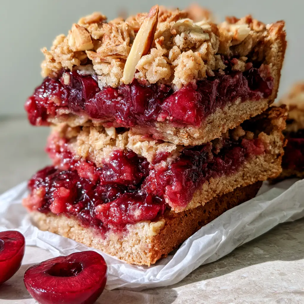 Cherry Breakfast Bars with Toasted Oats and Dark Sweet Cherries 2 Close-up handheld photo of a stack of three thick Cherry Breakfast Bars with visible slivered almonds and dark red fruit filling.