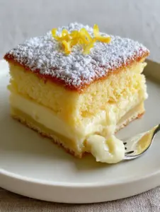 Macro view of a single square slice of Lemon Custard Cake on a white ceramic plate with a silver fork.