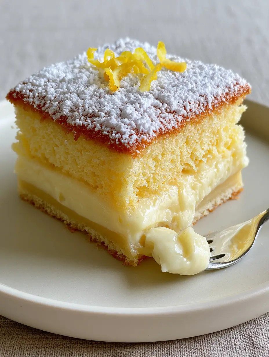 Macro view of a single square slice of Lemon Custard Cake on a white ceramic plate with a silver fork.