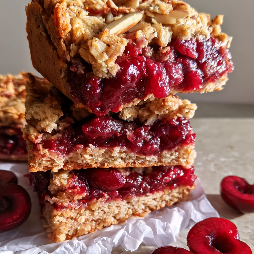 Cherry Breakfast Bars with Toasted Oats and Dark Sweet Cherries 1 A rustic view of Cherry Breakfast Bars resting on white parchment paper with fresh glossy cherry halves scattered around.