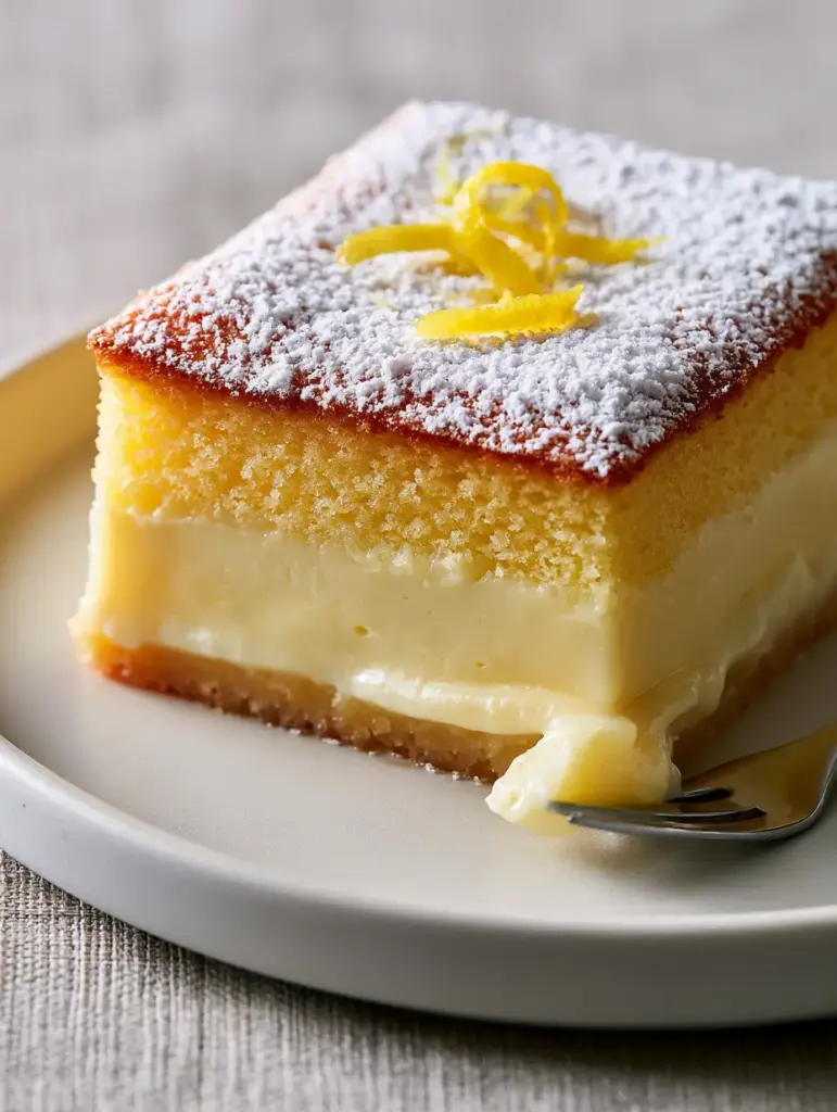 Close up of the dense buttery lemon crust and creamy middle of a Lemon Custard Cake slice.